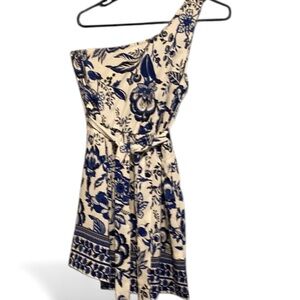 Floral One-Shoulder Dress - Blue and White